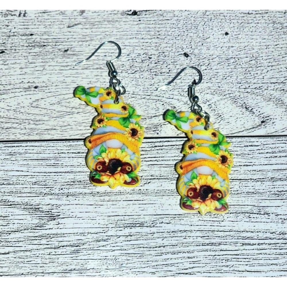 Gnome‎ Earrings Sunflower Theme Yellow Striped Hat Cute Dangle Jewelry